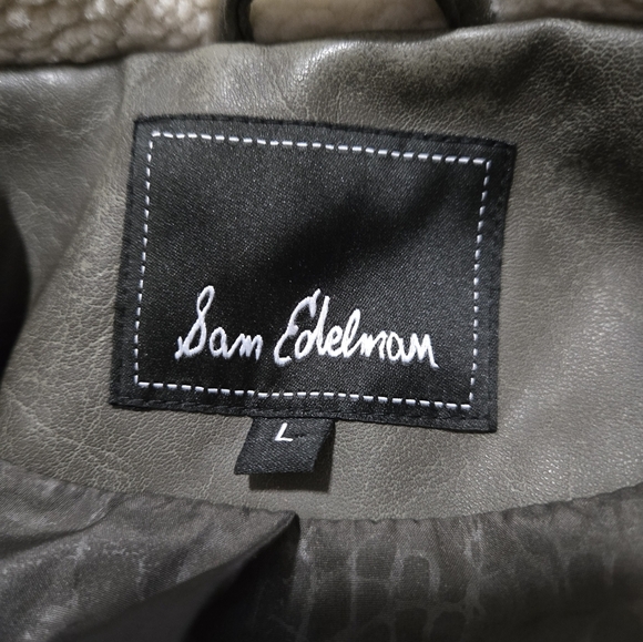 SAM EDELMAN Faux Leather Jacket with Cream Sherpa Collar. Size Large - Picture 12 of 15